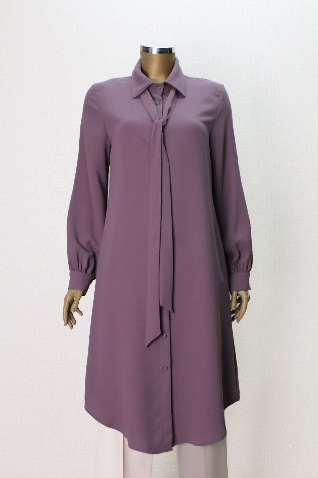 7004 YAKASI FULARLI ÖNÜ DÜĞMELİ FULAR YAKA TUNİK QYS TUNİK 7004 ##23-03#