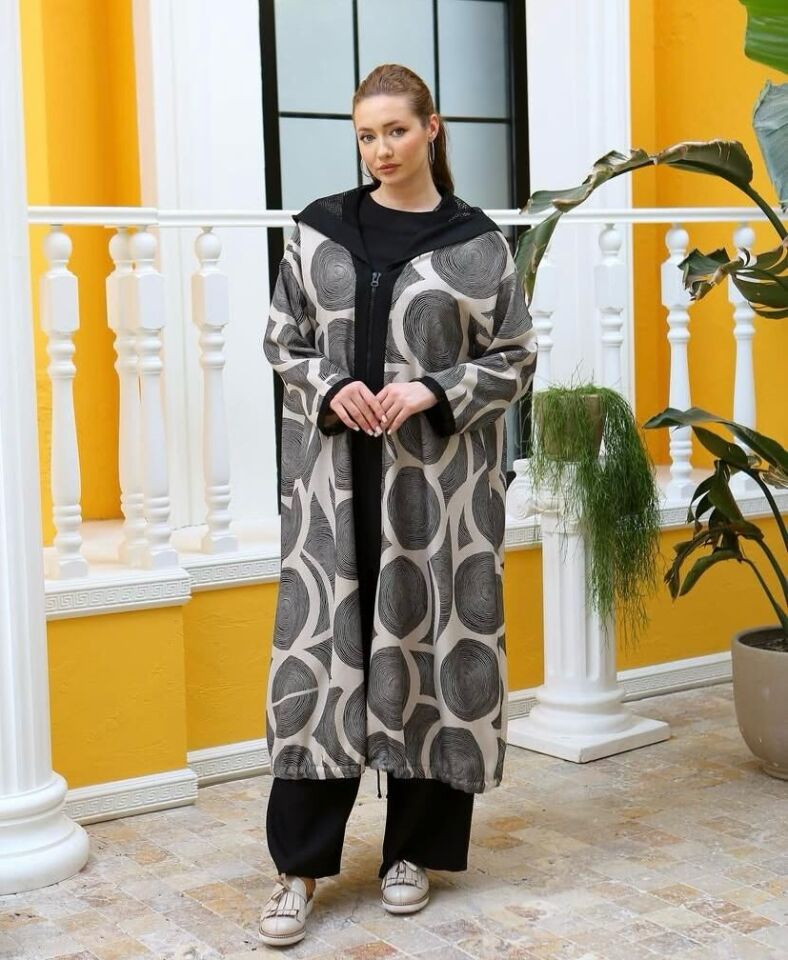 42419 ÖNÜ FERMUARLI EN ALTI LASTİKLİ KOL UCU VE KAPİŞONU FİLE DETAYLI DESENLİ GİY ÇIK KAP #02-25#