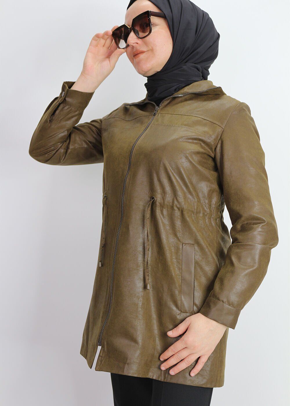 1305 ÖNÜ FERMUARLI BELİ LASTİK DETAY DERİ GÖRÜNÜMLÜ KLASİK CEKET KAP QKS #24-10#