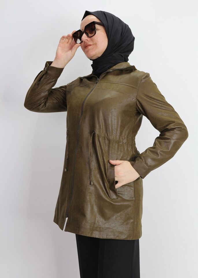 1305 ÖNÜ FERMUARLI BELİ LASTİK DETAY DERİ GÖRÜNÜMLÜ KLASİK CEKET KAP QKS #24-10#