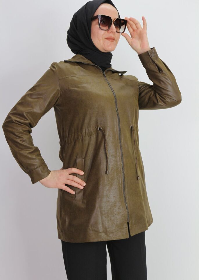 1305 ÖNÜ FERMUARLI BELİ LASTİK DETAY DERİ GÖRÜNÜMLÜ KLASİK CEKET KAP QKS #24-10#