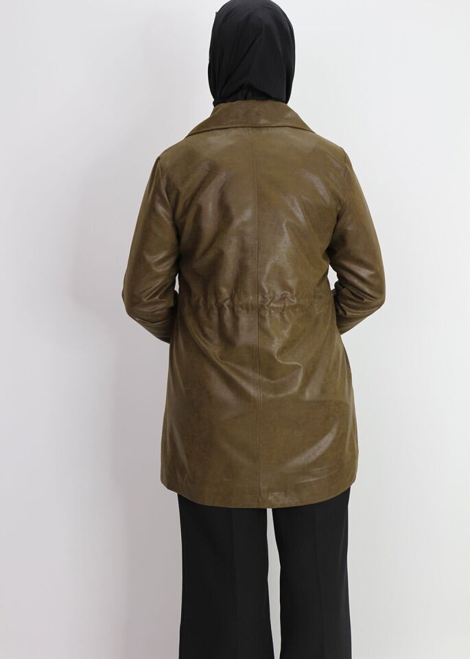 1305 ÖNÜ FERMUARLI BELİ LASTİK DETAY DERİ GÖRÜNÜMLÜ KLASİK CEKET KAP QKS #24-10#