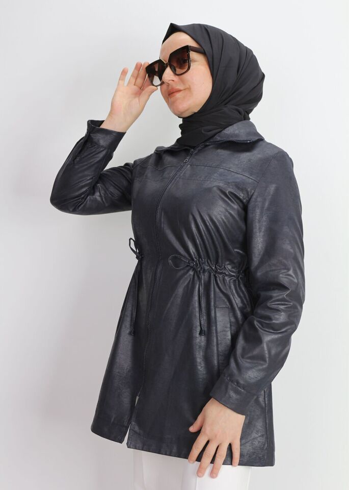 1305 ÖNÜ FERMUARLI BELİ LASTİK DETAY DERİ GÖRÜNÜMLÜ KLASİK CEKET KAP QKS #24-10#