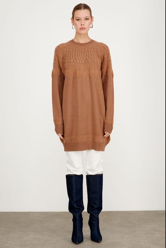 21470 SIFIR YAKA ROBASI DESENLİ KAZAK 1 - CAMEL