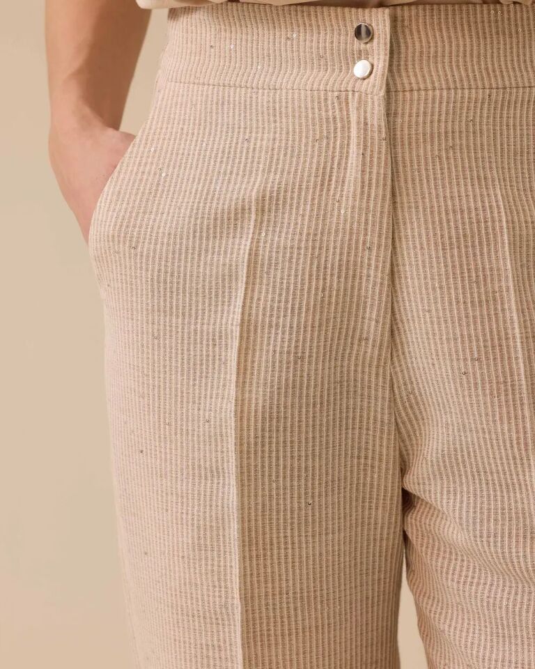 1029 ÇİFT DÜĞMELİ IŞILTILI KETEN BOL PAÇA PANTOLON 10002511011029 #06-25# 38 - bej