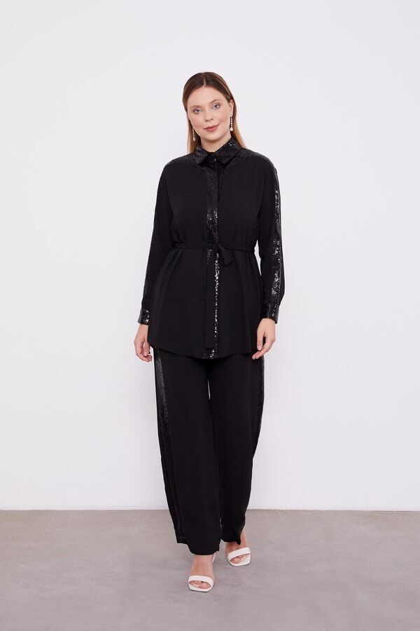 100409 ÖNÜ GİZLİ DÜĞMELİ YAKASI ÖNÜ KOL UCU PALETLİ PANTOLONUN BELİ DÜĞMELİ ŞIK TAKIM #02-25#