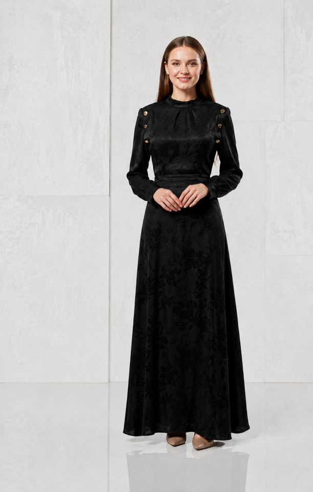 3077  BEL KISMI BÜZGÜLÜ ÇİÇEK DESENLİ JAKAR KUMAŞ ELBİSE...#03#2026# 1 - SİYAH