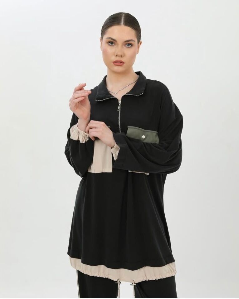 44814 ÖNÜ CEPLİ ÖNDEN YARIM FERMUARLI KOLL UCU LASTİKLİ PANTOLONUN BELİ LASTİKLİ TAKIM #02-25#