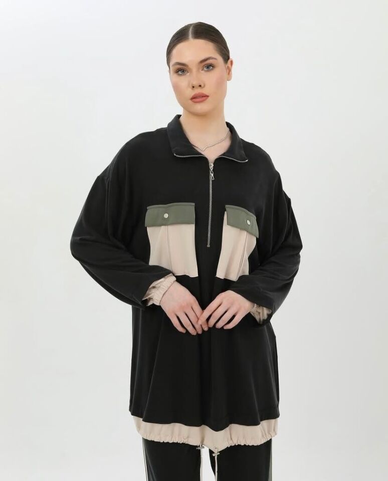 44814 ÖNÜ CEPLİ ÖNDEN YARIM FERMUARLI KOLL UCU LASTİKLİ PANTOLONUN BELİ LASTİKLİ TAKIM #02-25#