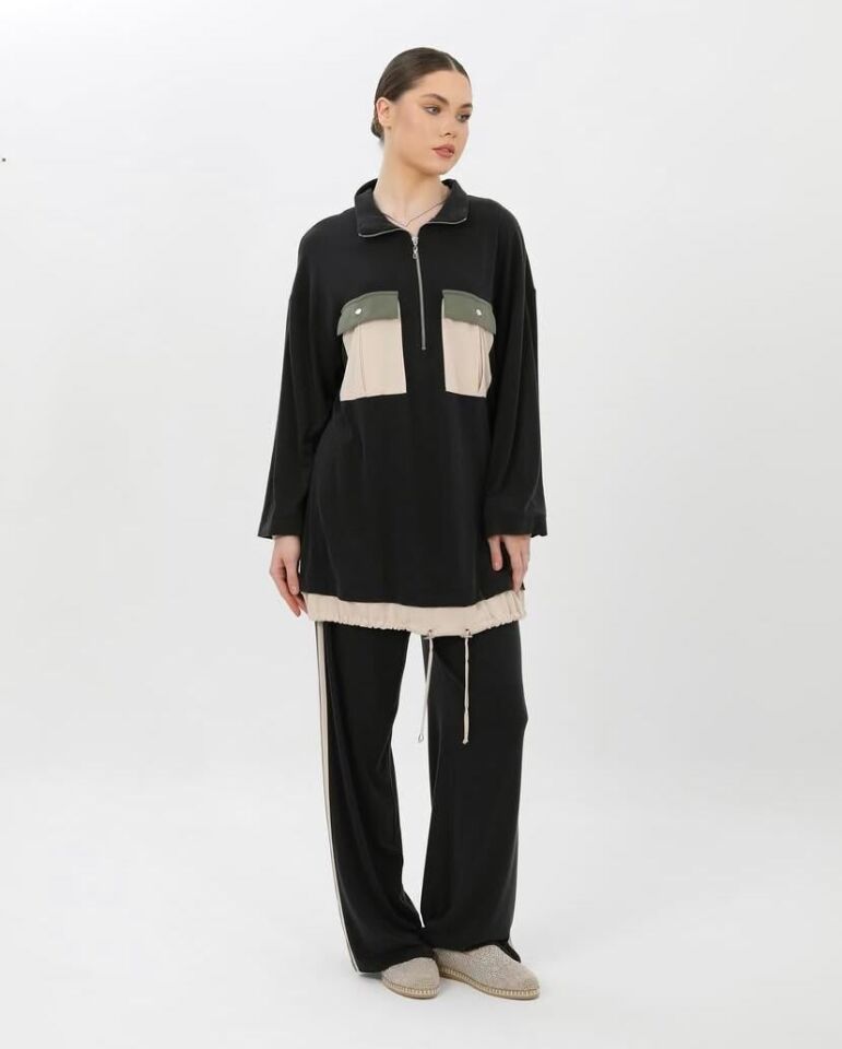 44814 ÖNÜ CEPLİ ÖNDEN YARIM FERMUARLI KOLL UCU LASTİKLİ PANTOLONUN BELİ LASTİKLİ TAKIM #02-25#