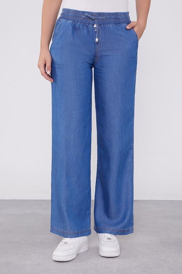 410087 BELİ LASTİKLİ İP DETAYLI ÖNDEN CEPLİ GENİŞ PAÇA TENSEL PANTOLON #03-25#