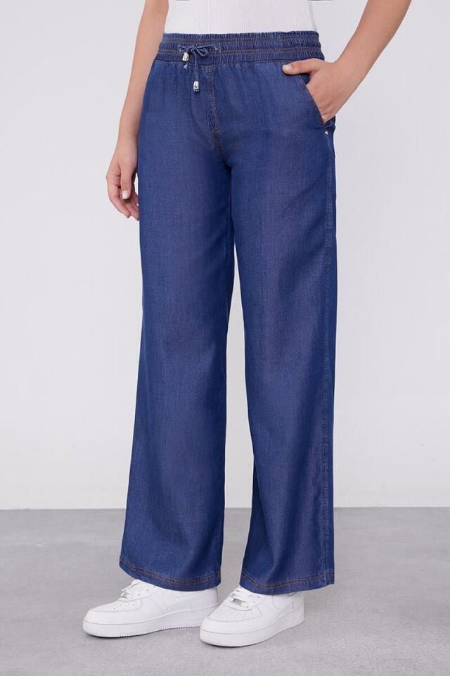 410087 BELİ LASTİKLİ İP DETAYLI ÖNDEN CEPLİ GENİŞ PAÇA TENSEL PANTOLON #03-25#