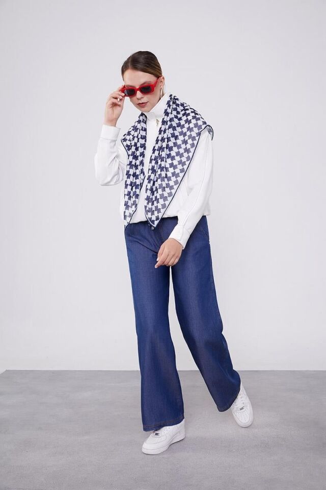 410087 BELİ LASTİKLİ İP DETAYLI ÖNDEN CEPLİ GENİŞ PAÇA TENSEL PANTOLON #03-25#