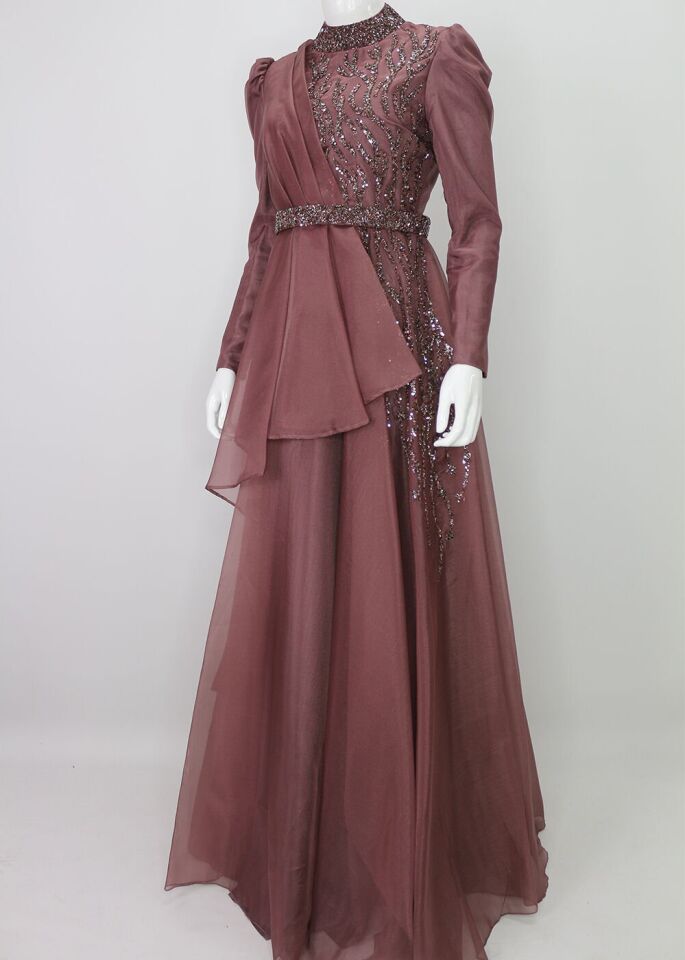 108 YAKASI VEK ÖNÜ TAŞ İŞLEMELİ ETEĞİ TÜL DETAYLI SIFIR YAKA TASARIM ABİYE ELBİSE QYS ABİYE ELBİSE 108 #23-03#