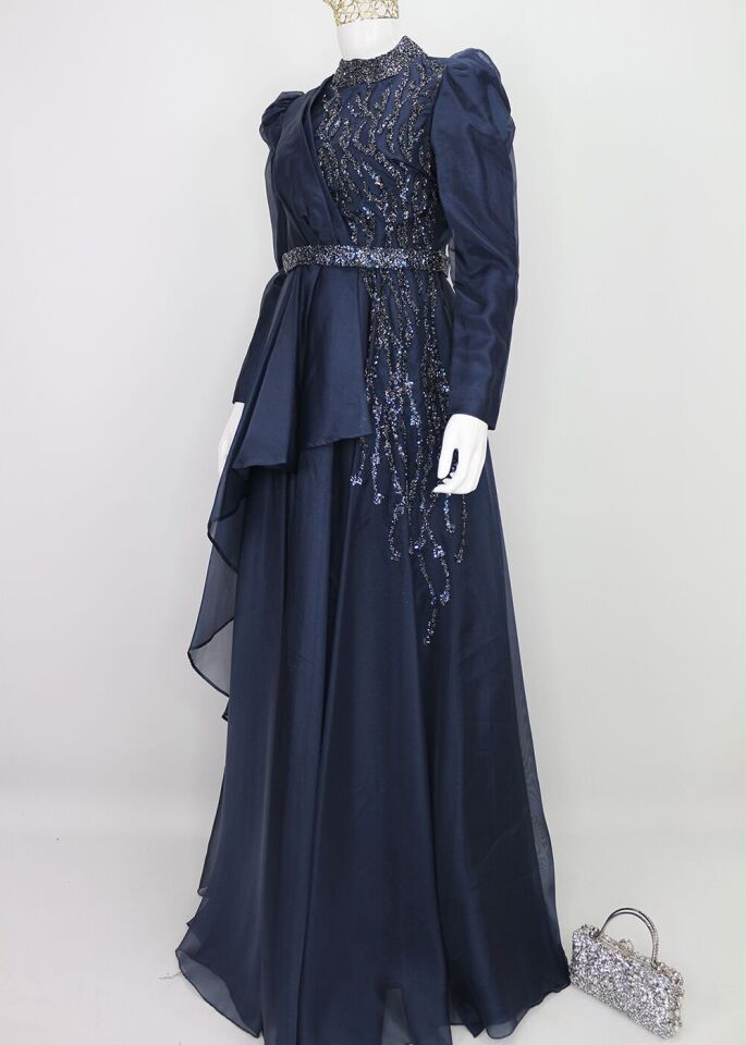 108 YAKASI VEK ÖNÜ TAŞ İŞLEMELİ ETEĞİ TÜL DETAYLI SIFIR YAKA TASARIM ABİYE ELBİSE QYS ABİYE ELBİSE 108 #23-03#