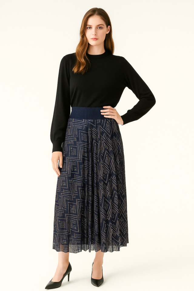 2745 SİMLİ DESENLİ YANDAN FERMUARLI PİLİSELİ TÜL ETEK #09-25#