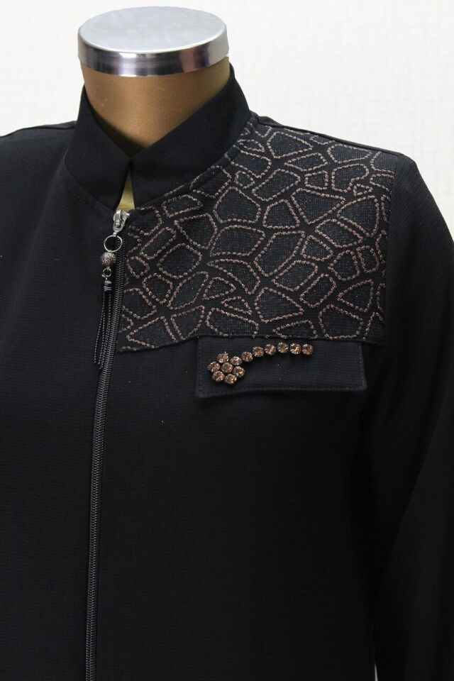 5006 ÖNÜ FERMUARLI OMZU VE CEBİ TAŞ DETAYLI KOL UCU LASTİKLİ HAKİM YAKA KAP QYS KAP 5006 #G23-04#