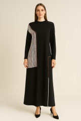 2754 SIFIR YAKA ÖNÜ BONCUK DETAYLI ETEK UCU FERMUARLI İKİ İPLİK TAM BOY ELBİSE #09-25#