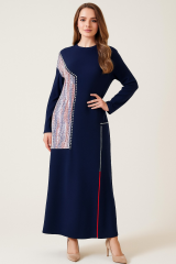 2754 SIFIR YAKA ÖNÜ BONCUK DETAYLI ETEK UCU FERMUARLI İKİ İPLİK TAM BOY ELBİSE #09-25#