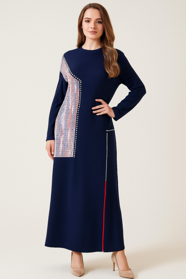 2754 SIFIR YAKA ÖNÜ BONCUK DETAYLI ETEK UCU FERMUARLI İKİ İPLİK TAM BOY ELBİSE #09-25#