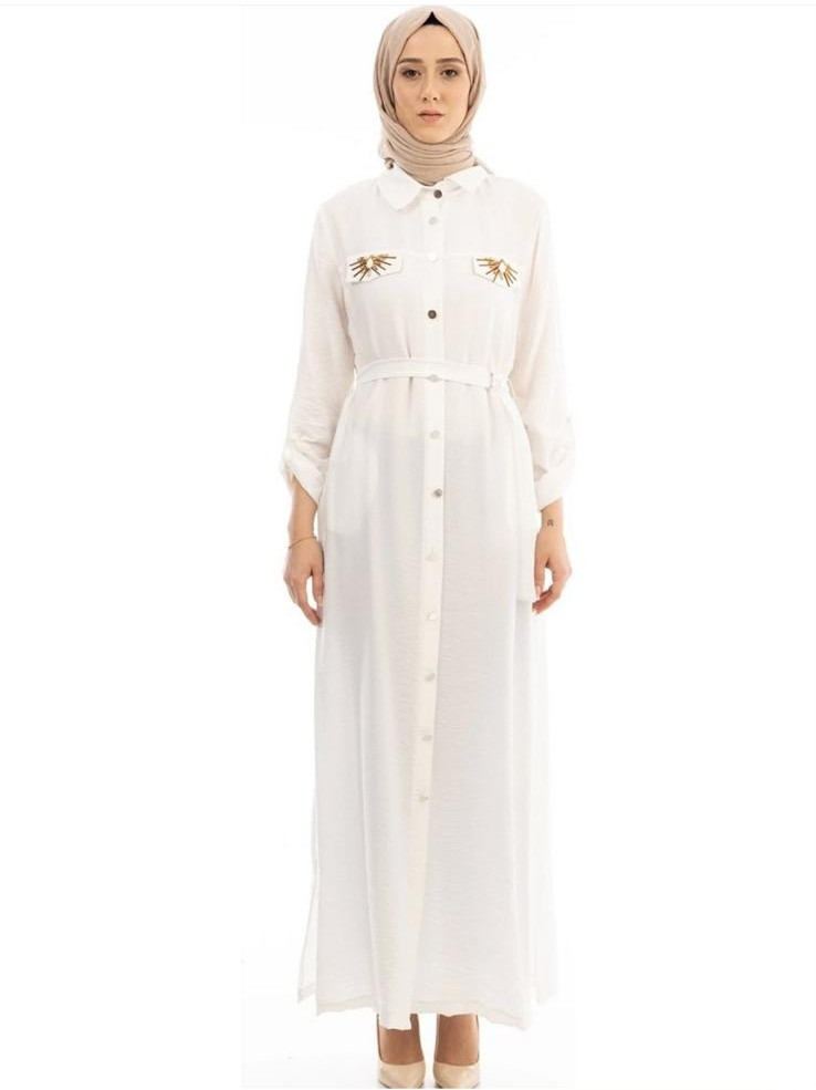 4023 GÖMLEK YAKA ÖNÜ CEP GÖRÜNÜMLÜ BELİ BAĞLAMALI CEPLERİ TAŞ DETAYLI PARDESÜ #09-25#