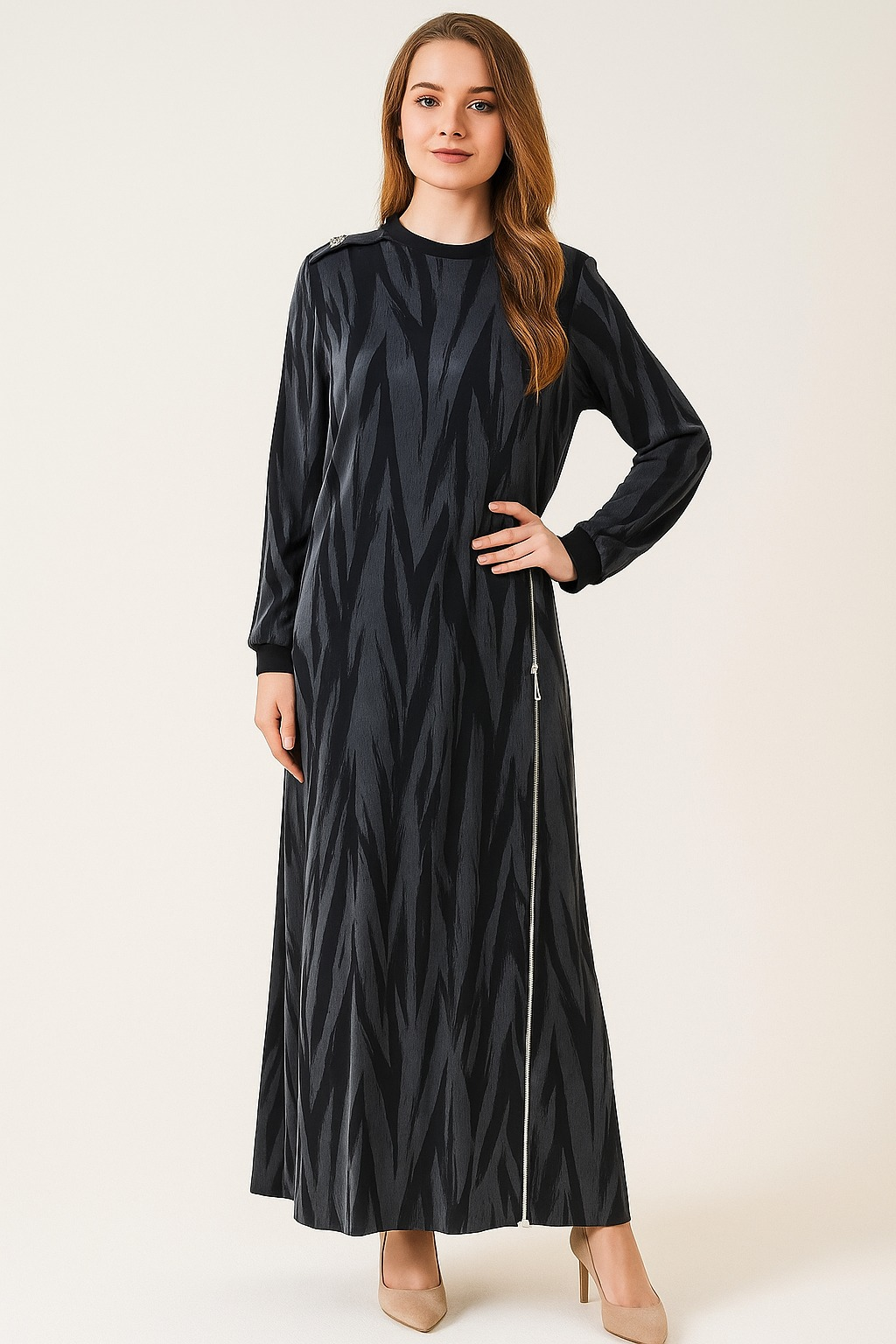 2797 SIFIR YAKA YAKASI VE KOL UÇLARI LASTİKLİ ÖN KISMI BOYDAN FERMUAR DETAYLI İPEK KUPRA ELBİSE #09-25#