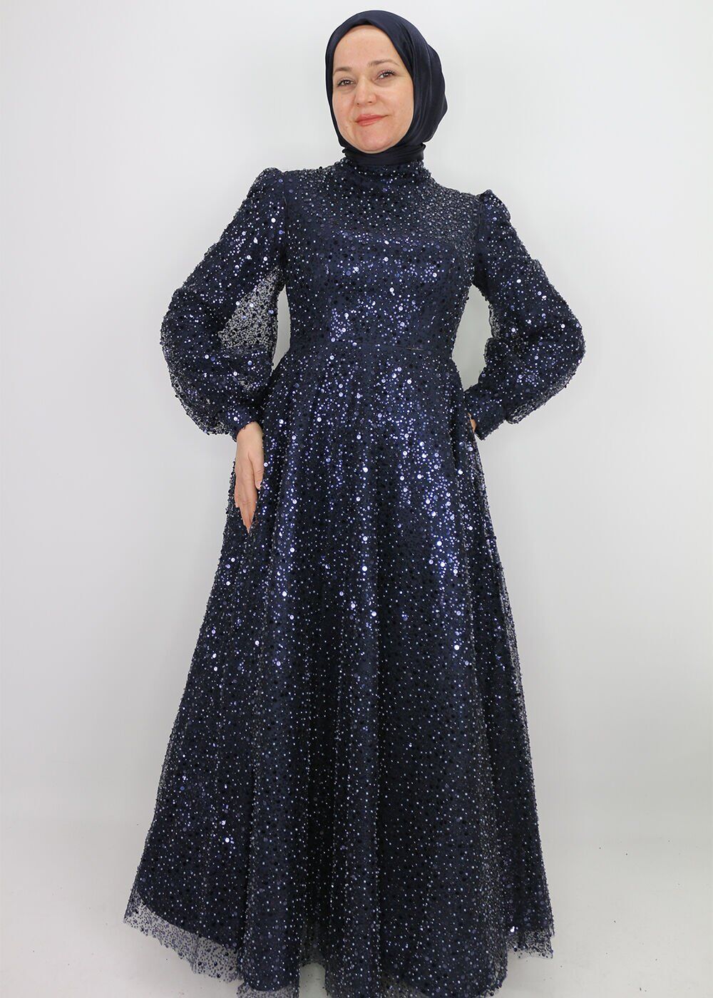 128 BONCUK VE PUL DETAYLI BALON KOL HAKİM YAKA TASARIM ABİYE QYS ABİYE ELBİSE 128 #23-04#