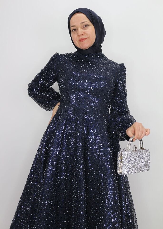 128 BONCUK VE PUL DETAYLI BALON KOL HAKİM YAKA TASARIM ABİYE QYS ABİYE ELBİSE 128 #23-04#