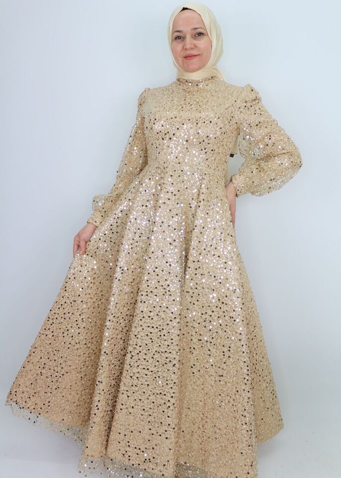 128 BONCUK VE PUL DETAYLI BALON KOL HAKİM YAKA TASARIM ABİYE QYS ABİYE ELBİSE 128 #23-04#