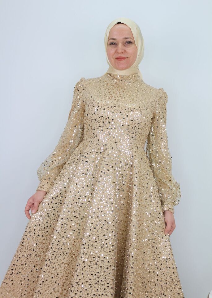 128 BONCUK VE PUL DETAYLI BALON KOL HAKİM YAKA TASARIM ABİYE QYS ABİYE ELBİSE 128 #23-04#