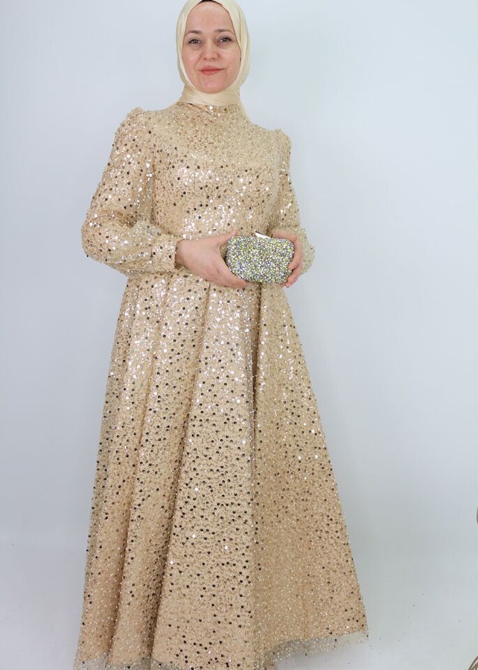 128 BONCUK VE PUL DETAYLI BALON KOL HAKİM YAKA TASARIM ABİYE QYS ABİYE ELBİSE 128 #23-04#