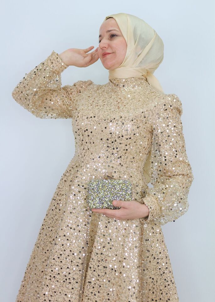 128 BONCUK VE PUL DETAYLI BALON KOL HAKİM YAKA TASARIM ABİYE QYS ABİYE ELBİSE 128 #23-04#