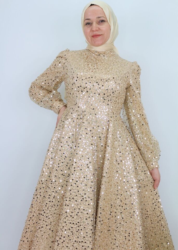 128 BONCUK VE PUL DETAYLI BALON KOL HAKİM YAKA TASARIM ABİYE QYS ABİYE ELBİSE 128 #23-04#