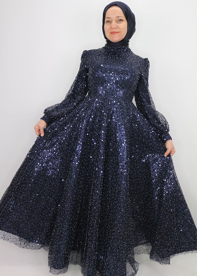 128 BONCUK VE PUL DETAYLI BALON KOL HAKİM YAKA TASARIM ABİYE QYS ABİYE ELBİSE 128 #23-04#