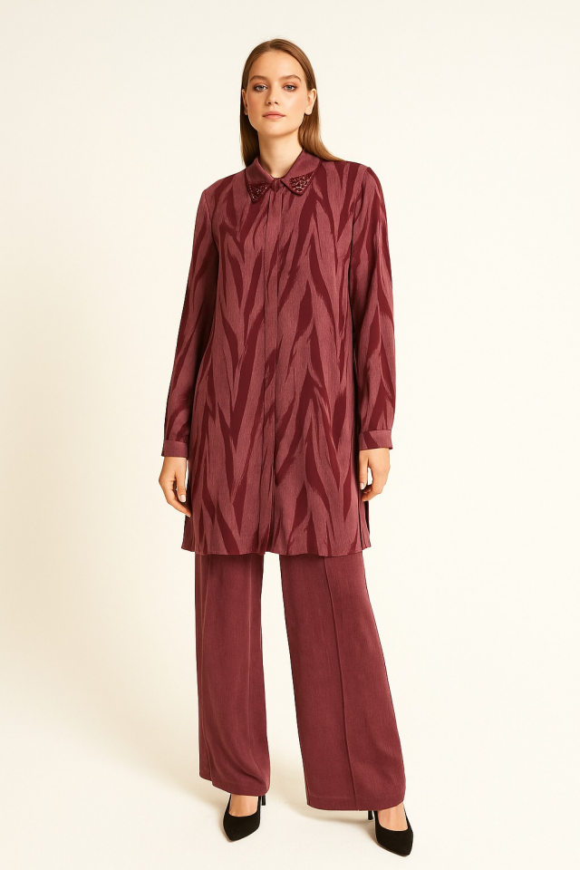 2673 GÖMLEK YAKA KOL UCU MANŞETLİ ÖNÜ GİZLİ DÜĞMELİ PANTOLONUN BELİ YARIM LASTİKLİ CEPLİ İKİLİ TAKIM #09-25#