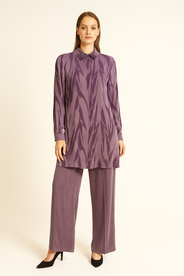 2673 GÖMLEK YAKA KOL UCU MANŞETLİ ÖNÜ GİZLİ DÜĞMELİ PANTOLONUN BELİ YARIM LASTİKLİ CEPLİ İKİLİ TAKIM #09-25#