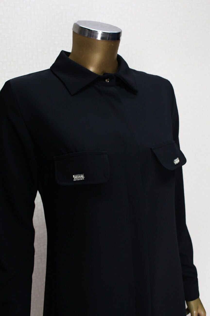 1518 CEP KAPAĞI TAŞ DETAYLI GİZLİ DÜĞMELİ GÖMLEK YAKA TUNİK QYS TUNİK 1518 #23-043