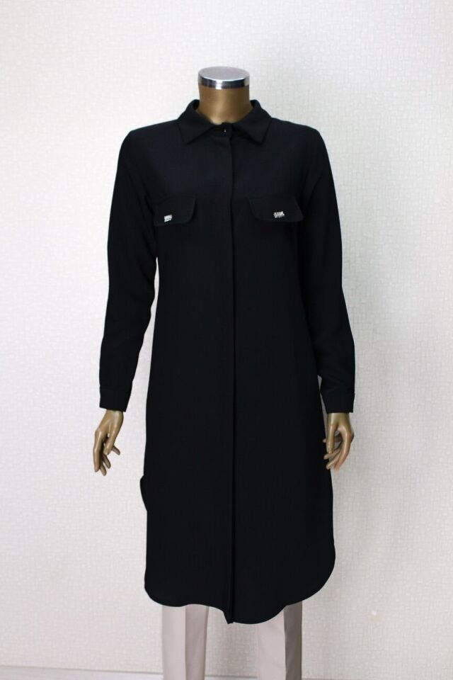 1518 CEP KAPAĞI TAŞ DETAYLI GİZLİ DÜĞMELİ GÖMLEK YAKA TUNİK QYS TUNİK 1518 #23-043