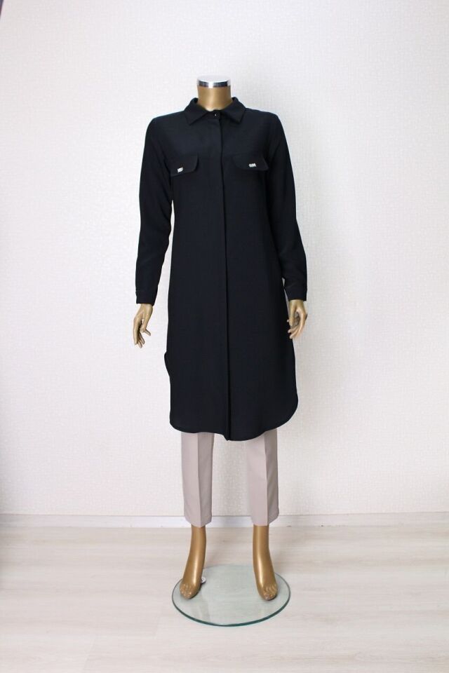 1518 CEP KAPAĞI TAŞ DETAYLI GİZLİ DÜĞMELİ GÖMLEK YAKA TUNİK QYS TUNİK 1518 #23-043