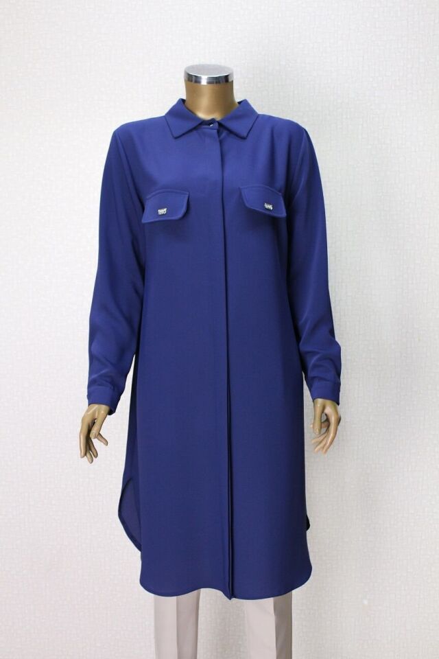 1518 CEP KAPAĞI TAŞ DETAYLI GİZLİ DÜĞMELİ GÖMLEK YAKA TUNİK QYS TUNİK 1518 #23-043