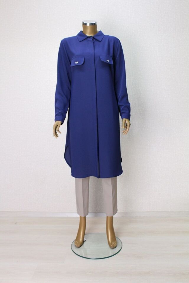 1518 CEP KAPAĞI TAŞ DETAYLI GİZLİ DÜĞMELİ GÖMLEK YAKA TUNİK QYS TUNİK 1518 #23-043