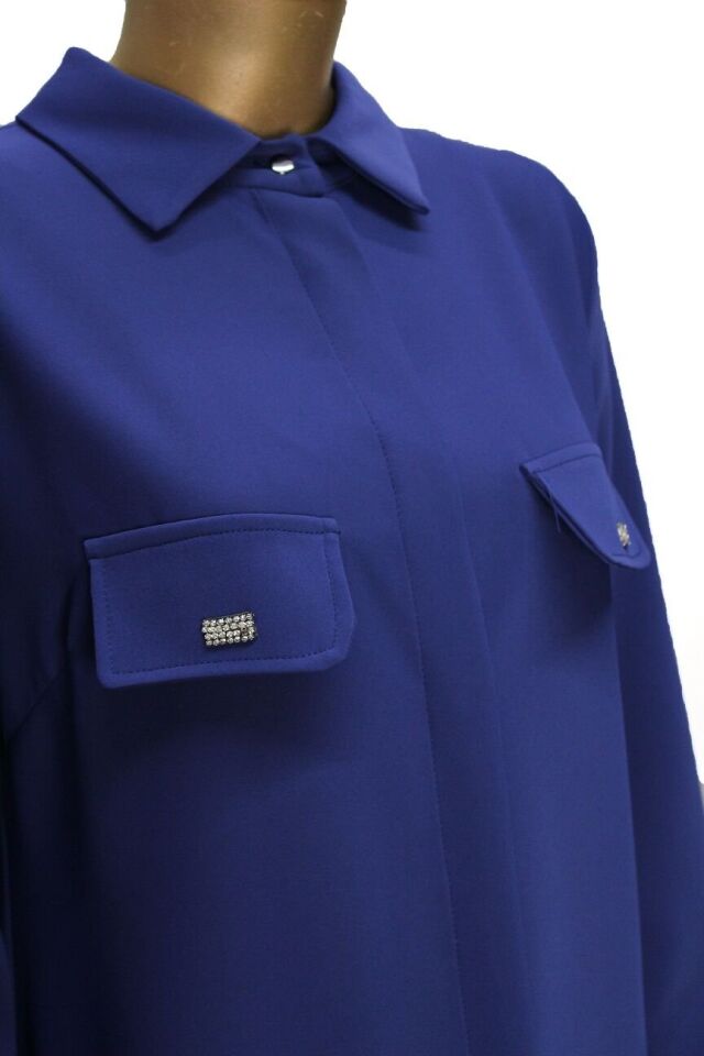 1518 CEP KAPAĞI TAŞ DETAYLI GİZLİ DÜĞMELİ GÖMLEK YAKA TUNİK QYS TUNİK 1518 #23-043