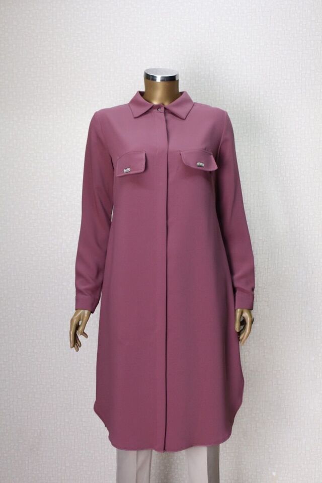 1518 CEP KAPAĞI TAŞ DETAYLI GİZLİ DÜĞMELİ GÖMLEK YAKA TUNİK QYS TUNİK 1518 #23-043