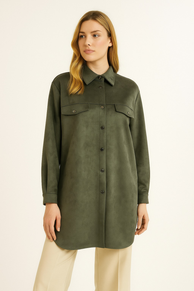 10202 ÖNDEN ÇITÇIT DÜĞMELİ CEP KAPAKÇIKLI GÖRÜNÜMLÜ RAHAT KESİM SÜET CEKET #10-25#