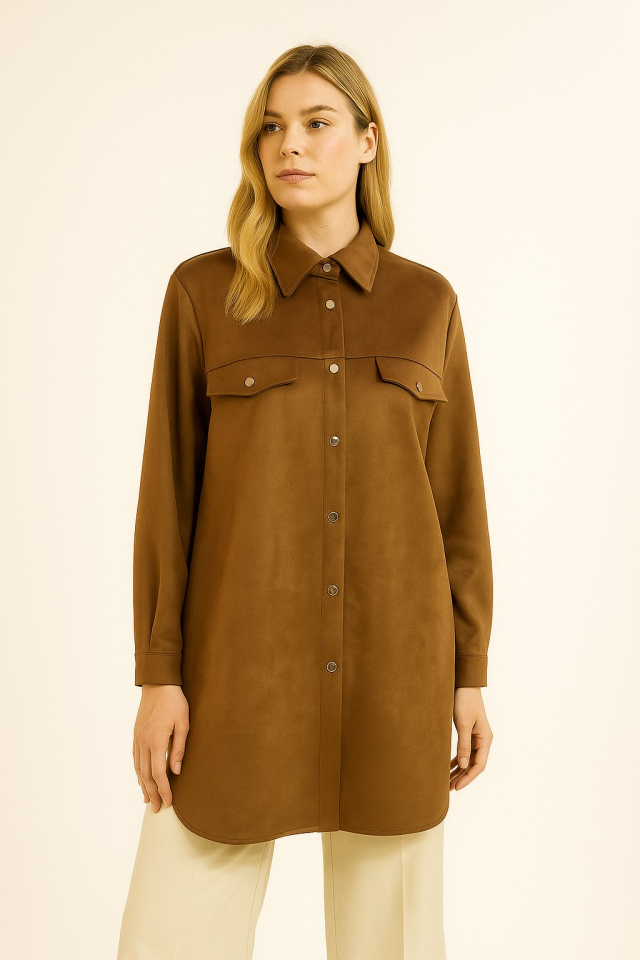 10202 ÖNDEN ÇITÇIT DÜĞMELİ CEP KAPAKÇIKLI GÖRÜNÜMLÜ RAHAT KESİM SÜET CEKET #10-25#