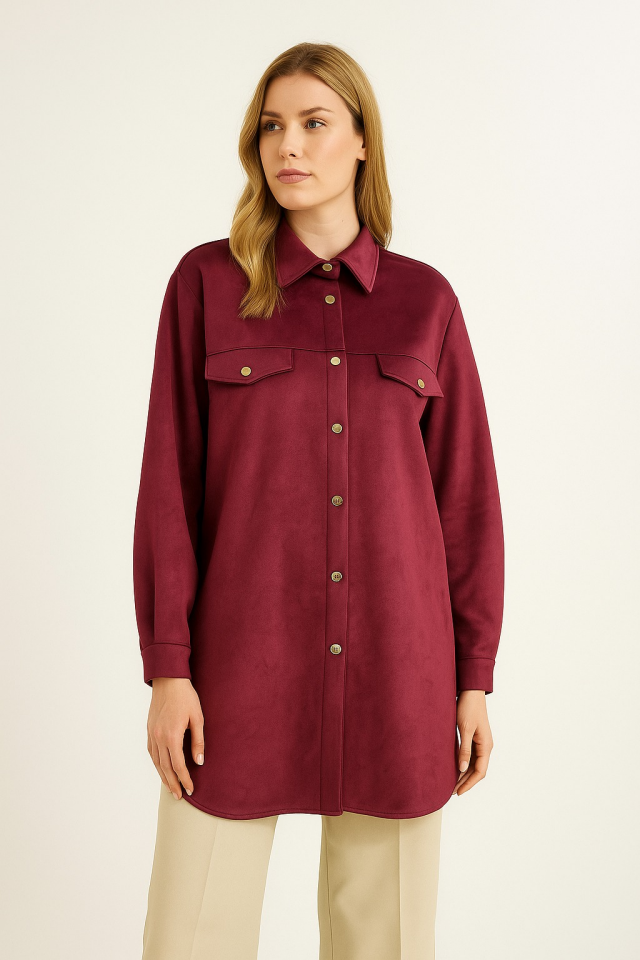 10202 ÖNDEN ÇITÇIT DÜĞMELİ CEP KAPAKÇIKLI GÖRÜNÜMLÜ RAHAT KESİM SÜET CEKET #10-25#