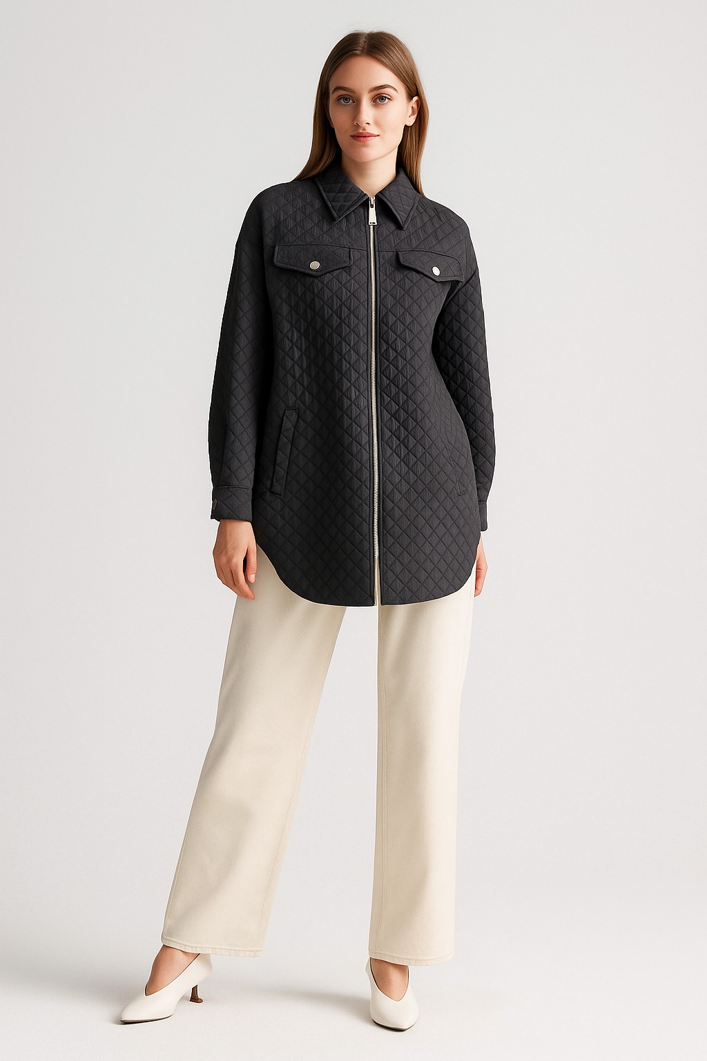 53006 ÖNDEN FERMUARLI GÖĞÜSÜ CEP KAPAKÇIK GÖRÜNÜMLÜ KAPİTONE KISA CEKET #10-25#