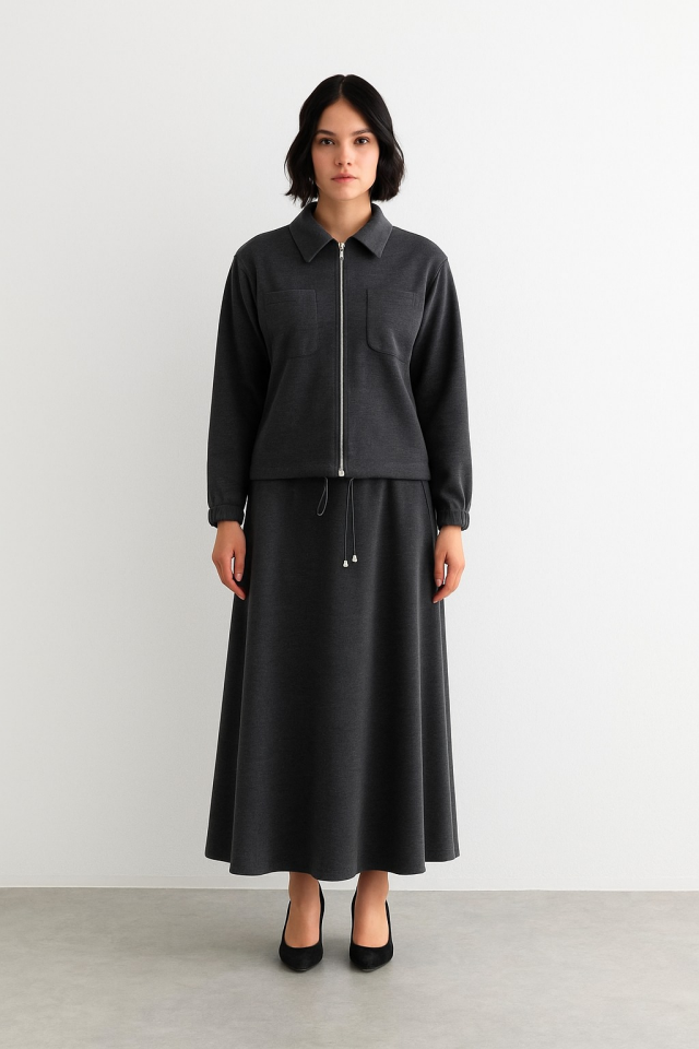 56017 ÖNDEN FERMUARLI ÇİFT CEPLİ CEKET UCU BÜZGÜLÜ KUMAŞ ETEKLİ TAKIM #10-25#