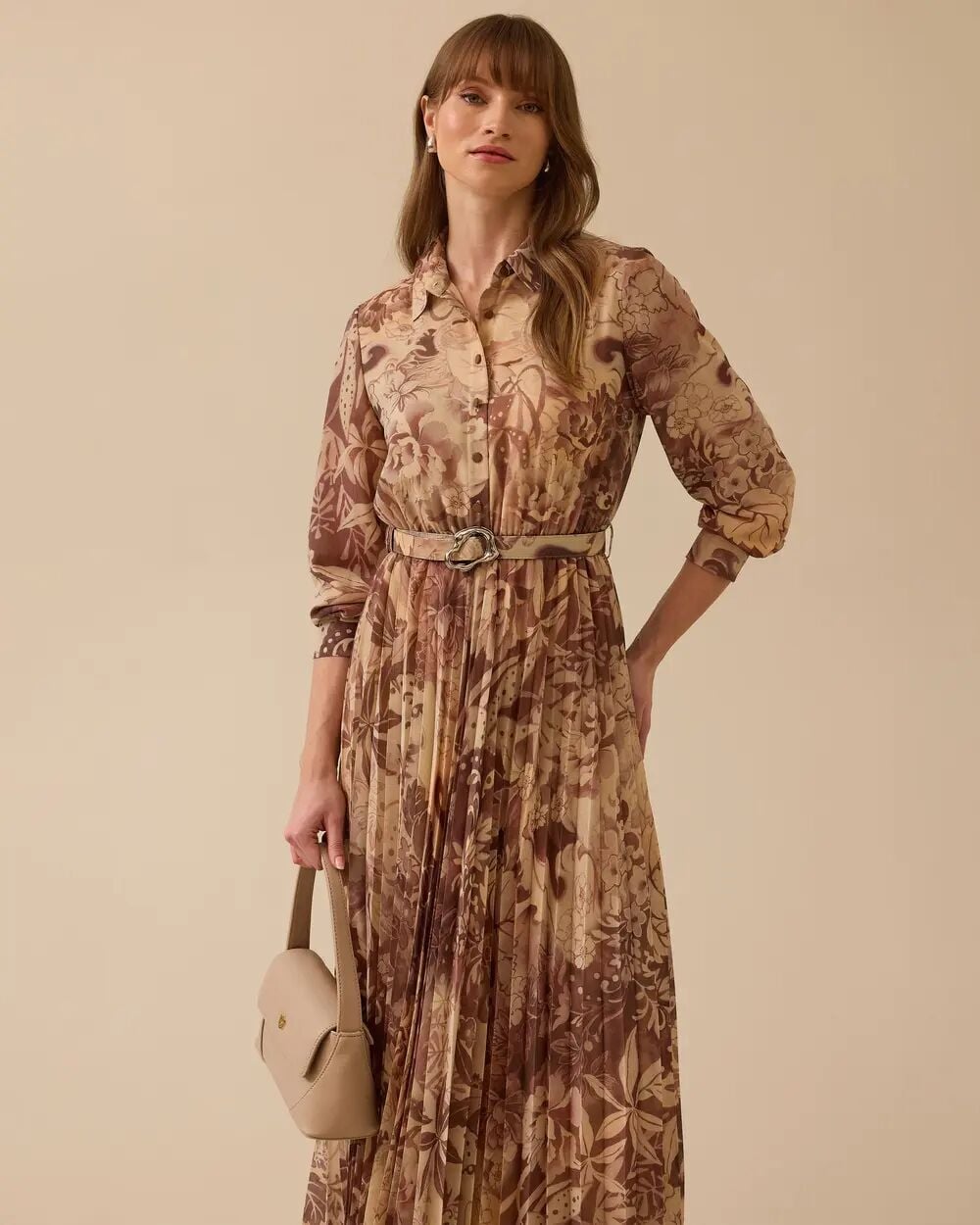 1009 ŞIK ELBİSE GÖMLEK YAKA ÖNÜ YARIYA KADAR DÜĞMELİ BELDEN AŞAĞI PİLE DETAYLI BELİ KEMERLİ DESENLİ ŞIK ELBİSE #03-25#