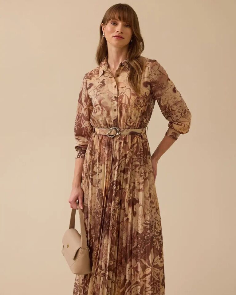 1009 ŞIK ELBİSE GÖMLEK YAKA ÖNÜ YARIYA KADAR DÜĞMELİ BELDEN AŞAĞI PİLE DETAYLI BELİ KEMERLİ DESENLİ ŞIK ELBİSE #03-25#